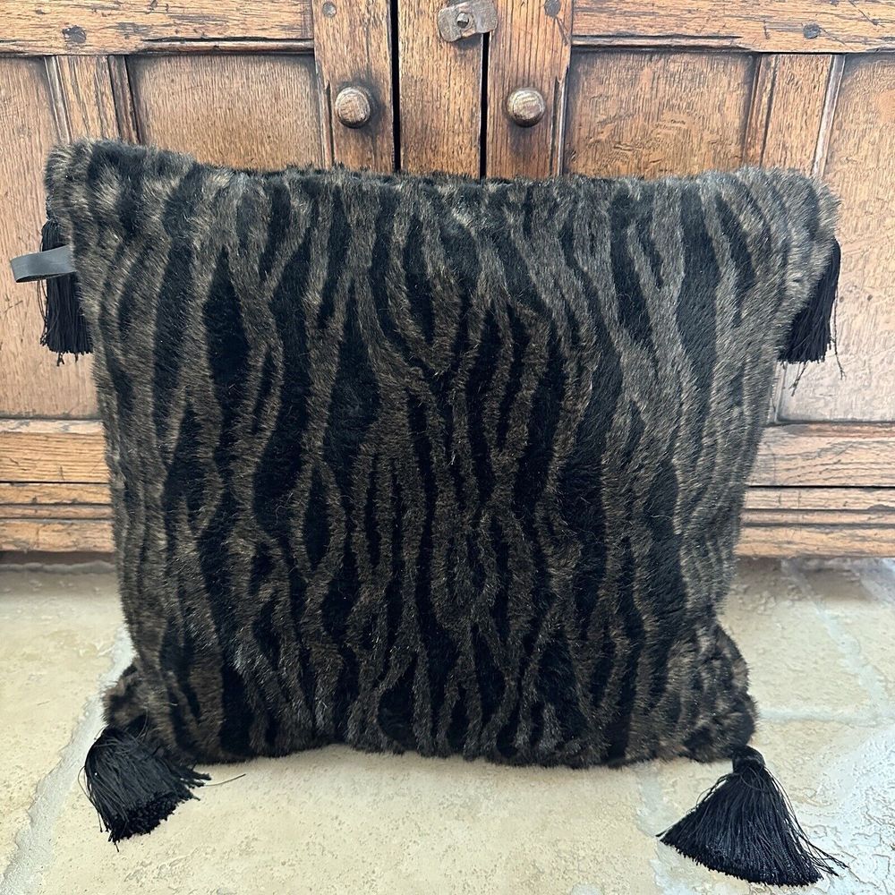 Borgata Accent Throw Pillow 18x18 Inch Faux Fur Tassels Black Brown Animal Print
